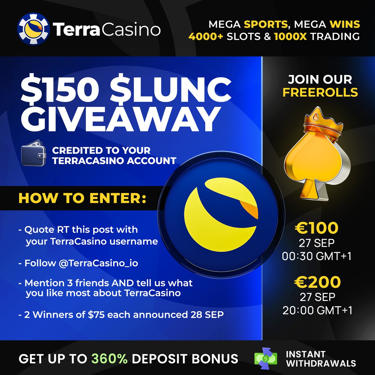 TerraCasino_io's tweet photo. 🎁 $150 terra-luna:native GIVEAWAY!

2 winners of $75, credited straight to your TerraCasino account 💰

To enter:
🔁 Quote this post with your TerraCasino username
➕ Follow @TerraCasino_io
👥 Mention 3 friends + tell us what you like most about TerraCasino

 https://t.co/dQkzoAFvYb
Get up to 360% deposit bonus & instant withdrawals.

#LUNC #Giveaway #TerraCasino