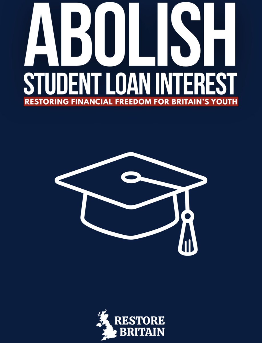 RupertLowe10's tweet photo. An important policy announcement.

A Restore Britain Government will abolish interest on all student loans held by British nationals living in our country, including the removal of interest already accrued.

A party backing young British men and women.

https://t.co/xAOyIXjYqs https://t.co/gykCtRh3on