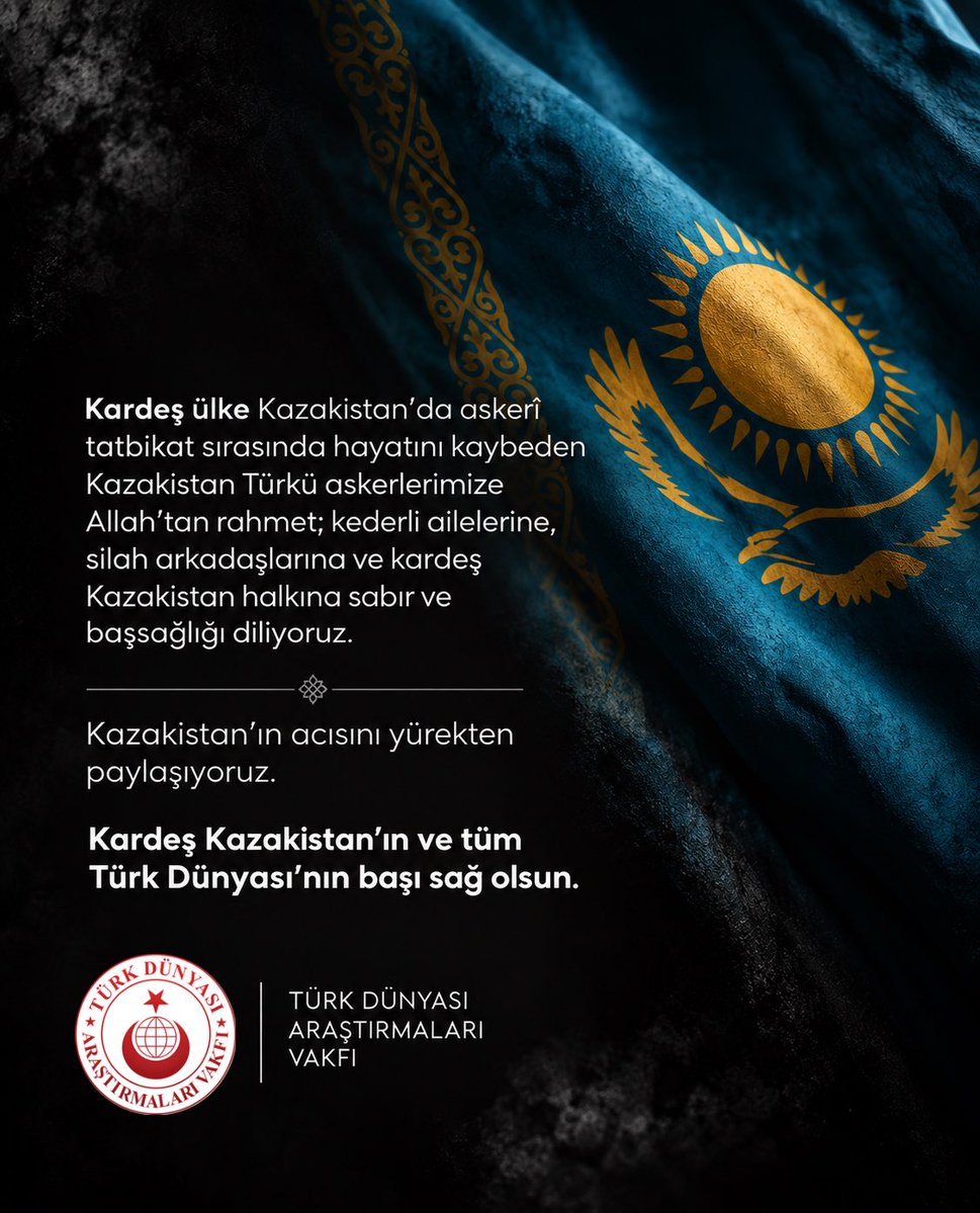 tdavresmi's tweet photo. Kardeş ülke Kazakistan’da askerî tatbikat sırasında hayatını kaybeden Kazakistan Türkü askerlerimize Allah’tan rahmet; kederli ailelerine, silah arkadaşlarına ve kardeş Kazakistan halkına sabır ve başsağlığı diliyoruz.

Kazakistan’ın acısını yürekten paylaşıyoruz.

Kardeş Kazakistan’ın ve tüm Türk Dünyası’nın başı sağ olsun.