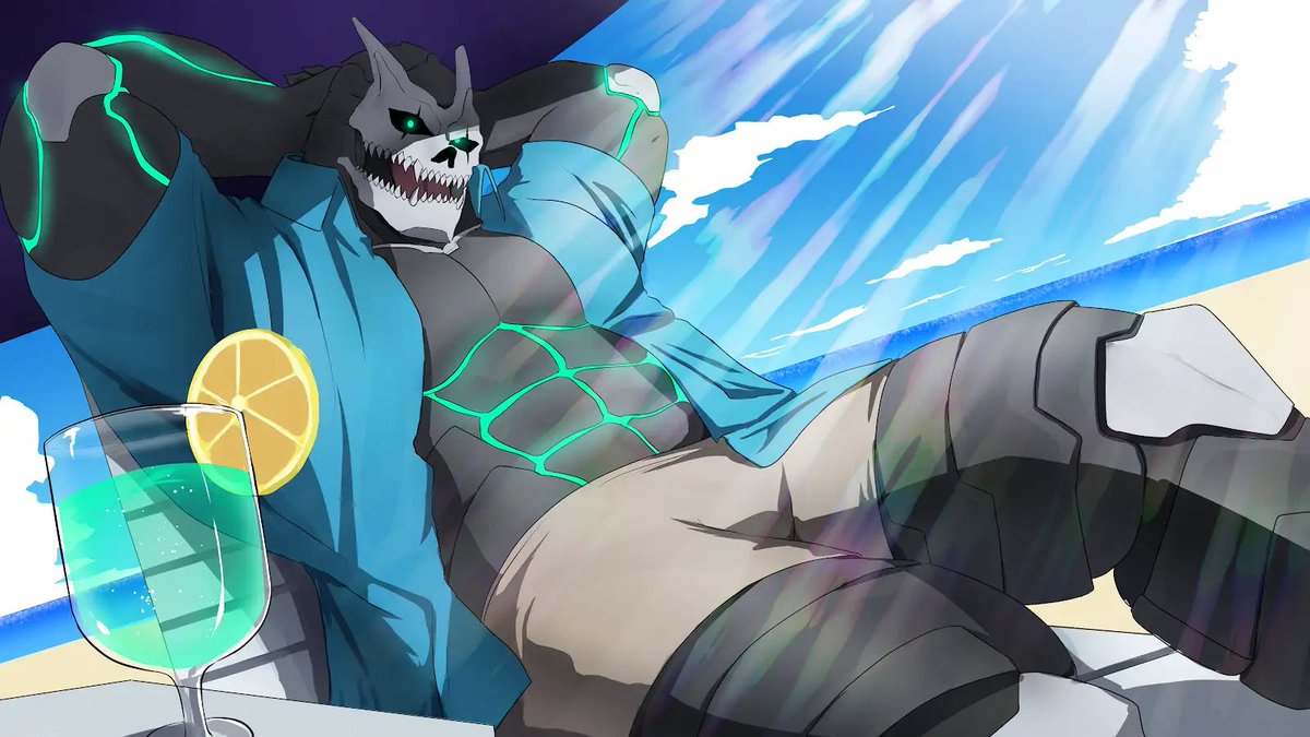 Freakoff28's tweet photo. A comm I got a while ago (still a goodie) of Kaiju No.8 relaxing at the beach by @/RuV_2nd! 

He's just taking in the rays. https://t.co/MVH25tbNE5