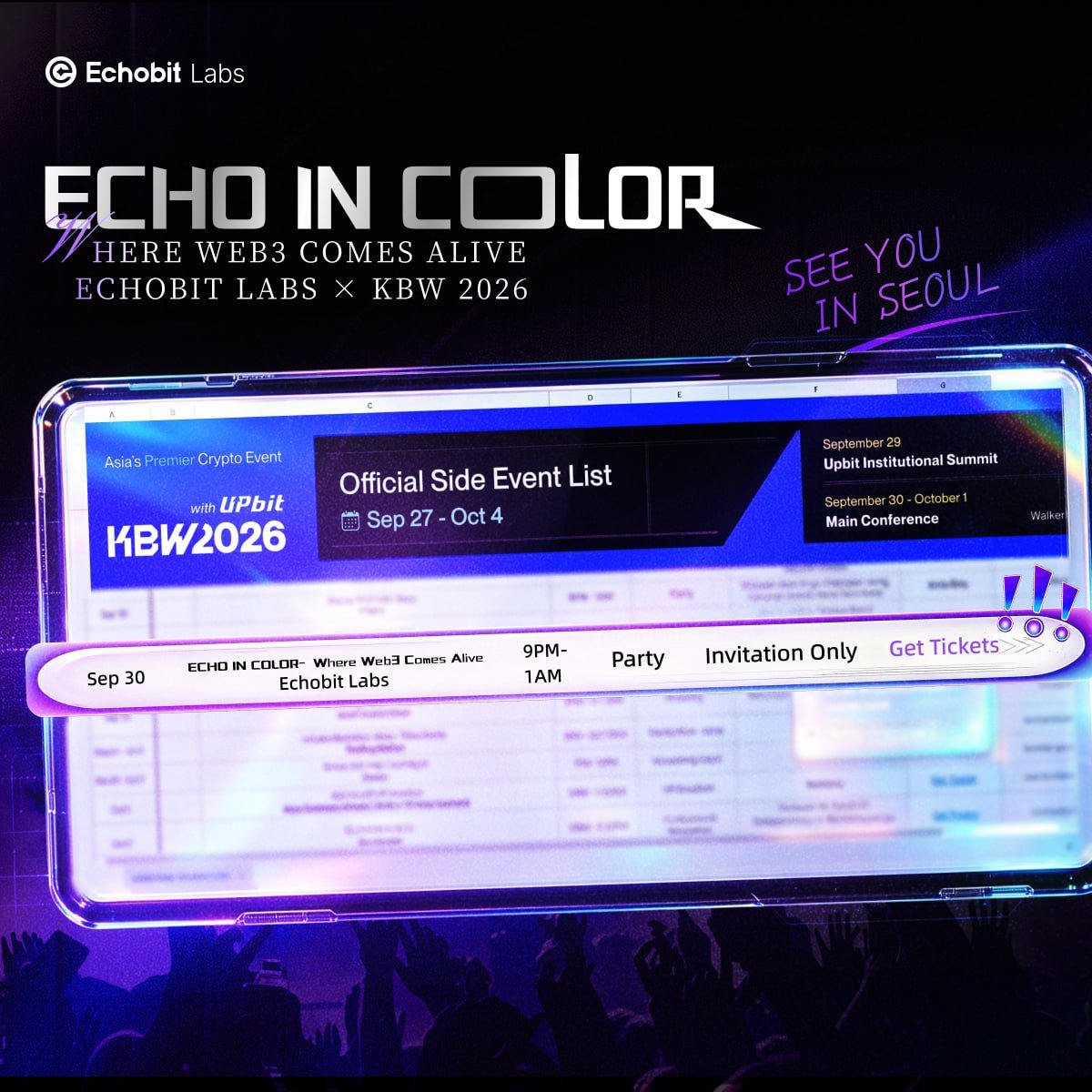 EchobitExchange's tweet photo. Your KBW calendar is already a mess. 
Here's the one worth clearing a slot for. 💜

RSVP → https://t.co/9JnGB2DCd0

Sept 30 · 21:00 · COLOR, Seoul

#ECHOInColor #KBW2026 https://t.co/n2HtYgpYhr