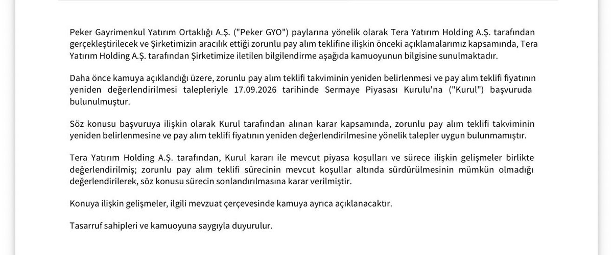 borsatosca's tweet photo. ÇAĞRI SÜRECİNİ #PEKGY 
SONLANDIRDIĞINI DUYURMUŞ 
ZORUNLU ÇAĞRI YÜKÜMLÜLÜĞÜ
DOĞMUŞ BİR TARAFIN BU İŞLEMİ
TAMAMLAMADAN SÜREÇTEN
ÇEKİLMESİ BİR KAÇ YAPTIRIM 
YOLUNU AÇAR 
1 - ŞİRKET YÖNETİM KONTROLÜNÜ
SAĞLAYAN PAYLARA AİT OY HAKLARI
KENDİLİĞİNDEN DONAR https://t.co/QVPJyY0cDi