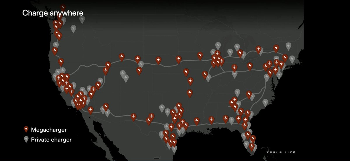 TheEVuniverse's tweet photo. I see so much of the industry underestimate how fast the Tesla Megacharging network rolls out for Semis.

There are 3 types of Megacharger rollouts simultaneously:

- Tesla's public Megacharging network
- Third-party public Megachargers
- Private Megachargers in depots

And Dan already said on the call that there will be 30 locations with 200 megawatt-capable stalls up by the year's end.

I track what the industry says a lot, and anyone with something against Tesla Semi winning (legacy truck, hydrogen are main ones) tries to argue there will be nowhere to charge these trucks.

They will be proven so, so, so wrong.

And way faster they could imagine.
