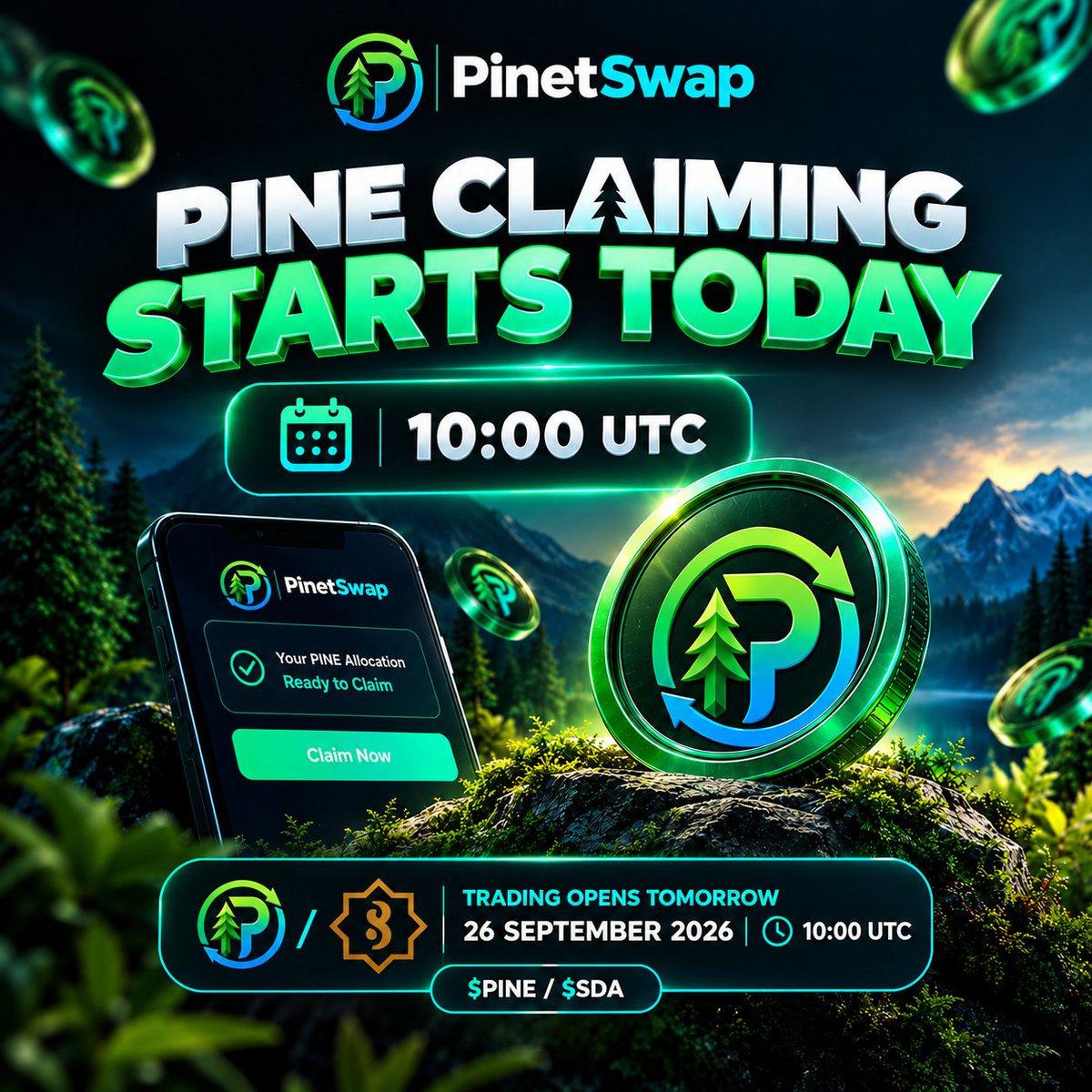 Sidra_Digital_a's tweet photo. 🚨 TODAY IS THE DAY! 🚨

The wait is almost over.

🎁 $PINE CLAIMING STARTS TODAY
⏰ 10:00 UTC

If you participated in the PINE Airdrop, go to PinetSwap and check your allocation. Your approved rewards are ready for claiming.

And remember…

🔥 $PINE trading goes live tomorrow — 26 September at 10:00 UTC.
💱 Pair: PINE/SDA

Claim today. Trade tomorrow. 🚀

#PinetSwap #PINE #SidraChain