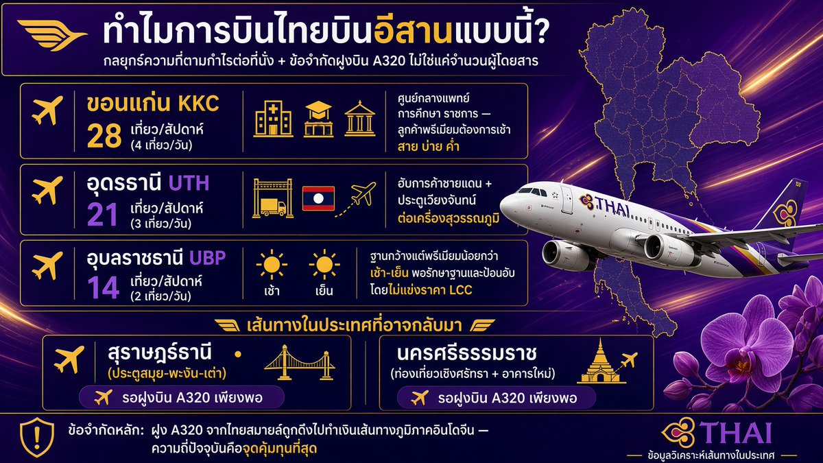 SP_5703's tweet photo. ว่าด้วยเรื่อง... แผนในประเทศของ #การบินไทย 💜

สืบเนื่องจากมีคนส่งข้อความมาถามผมนะครับ ว่า ทำไมการบินไทยถึงเลือกจะบินขอนแก่น 28 เที่ยวต่อวีค อุดรธานี 21 เที่ยวต่อวีค อุบลราชธานี 14 เที่ยวต่อวีค แบบคงที่ ไม่เพิ่มหรือลดไป 

มันเลยทำให้ผมคิดว่า เออ น่าสนใจดีครับเลยลองไปค้นข้อมูลมา รวมถึงแผนเส้นทางในประเทศของการบินไทยด้วย ก็จะเป็นดังนี้ครับ 

สำหรับคำถามแรกว่าทำไมรูททางอีสาน 3 รูทนั้นถึงคงความถี่ไว้เท่านั้น? 

คำตอบคือ เป็นผลมาจากการวางกลยุทธ์ตามอัตรากำไรต่อที่นั่ง และจำนวนฝูงบิน มากกว่าการมองแค่ปริมาณผู้โดยสาร เพียงอย่างเดียวครับ ถ้าจะเจาะแต่ละจังหวัด ก็จะเป็นแบบนี้ 

1.ขอนแก่น (28 เที่ยว/สัปดาห์ หรือ 4 เที่ยว/วัน) : ขอนแก่นคือศูนย์กลางทางการแพทย์ การศึกษา และหน่วยงานราชการของภาคอีสาน ผู้โดยสารหลักคือข้าราชการระดับสูง แพทย์ และนักธุรกิจ ซึ่งเป็นกลุ่มที่มีกำลังซื้อสู และต้องการความยืดหยุ่นของเวลาบิน (เช้า สาย บ่าย ค่ำ) การบิน 4 เที่ยวต่อวันจึงเป็นจุดสมดุลที่ตอบโจทย์ลูกค้ากลุ่มนี้พอดี

2.​อุดรธานี (21 เที่ยว/สัปดาห์ หรือ 3 เที่ยว/วัน) : อุดรธานีเป็นฮับการค้าชายแดนที่สำคัญ และทำหน้าที่เป็นประตูเชื่อมต่อกับเวียงจันทน์ (ลาว) ผู้โดยสารจำนวนมากคือกลุ่มนักธุรกิจและชาวต่างชาติข้ามแดนที่ต้องการใช้สนามบินอุดรธานีเพื่อบินมาต่อเครื่อง ไปยังเส้นทางระหว่างประเทศที่สุวรรณภูมิ ความถี่ 3 เที่ยวต่อวันจึงเพียงพอที่จะรองรับไฟลต์ต่อเครื่องในเวลาสำคัญ

3.​อุบลราชธานี (14 เที่ยว/สัปดาห์ หรือ 2 เที่ยว/วัน) : อุบลราชธานีมีฐานผู้โดยสารที่กว้าง แต่สัดส่วนกลุ่มพรีเมียมและนักธุรกิจน้อยกว่าขอนแก่นและอุดรธานี การตรึงไว้ที่ 2 เที่ยวต่อวัน (เช้า / เย็น) ถือเป็นความถี่ขั้นต่ำที่สายการบิน Full Service ต้องมีเพื่อรักษาฐานลูกค้าและป้อนผู้โดยสารเข้าสู่ฮับสุวรรณภูมิ โดยไม่ต้องไปเปิดเที่ยวบินเพิ่มเพื่อแข่งขันราคากับ LCC ที่ครองตลาดอยู่แล้ว

แล้วเส้นในประเทศละ จะกลับไปเปิดที่ไหนบ้าง? 

เท่าที่ผมคิดเองนะ บวกกับข้อมูลนู่นนี่ ผมว่า 2 เมืองนี้มีความเป็นไปได้ที่สุดครับ

1. สุราษฏ์ธานี : เป็นประตูสู่เกาะสมุย เกาะพะงัน และเกาะเต่า สำหรับกลุ่มนักท่องเที่ยวที่ไม่ต้องการจ่ายตั๋วราคาสูงของสนามบินสมุย แต่กลับกัน เนื่องจากผู้โดยสารพรีเมี่ยมส่วนใหญ่ไปลงที่สมุยหมด ทำให้ฐานบินที่สุราษฏ์ธานีขาดผู้โดยสารที่มีกำลังซื้อ และเหตุผลที่ปิดไป เพราะแม้สุราษฎร์ธานีจะมีตัวเลขผู้โดยสารรวมสูง แต่โครงสร้างผู้โดยสารส่วนใหญ่คือนักท่องเที่ยวและแบ็คแพ็คเกอร์ที่เน้นความประหยัด เพื่อไปต่อเรือข้ามเกาะสมุย เกาะพะงัน หรือเกาะเต่า อีกเหตุผลคือเรื่องเครื่องบิน ถ้าฝูงบินพอเมื่อไหร่ น่าจะมาแน่ 

2.นครศรีธรรมราช : มี​โอกาสค่อนข้างสูง เพราะสนามบินเพิ่งปรับปรุงอาคารผู้โดยสารใหม่รองรับต่างชาติ และมีดีมานด์การท่องเที่ยวเชิงศรัทธา/วัฒนธรรมสูง แต่ตลาดนี้แข่งกันค่อนข้างดุเดือดจากสายการบิน LCC การบินไทยต้องมีฝูงบินพอประมาณจำนวนนึง 

ส่วนประเด็นสุดท้าย ที่ทำให้ขยายเส้นทางในประเทศได้อย่างจำกัด เพราะข้อจำกัดเรื่องฝูงบิน A320 

โดยการบินไทยนำฝูงบิน A320 ที่รับโอนมาจากไทยสมายล์มาบินในเส้นทางในประเทศ ซึ่งเครื่องบินมีจำนวนจำกัดและถูกดึงไปใช้ทำเงินในเส้นทางภูมิภาคระยะสั้น (เช่น แถบอินโดจีน) การคงเที่ยวบินในไว้เท่านี้จึงเป็นจุดที่สายการบินประเมินแล้วว่าคุ้มทุนที่สุด โดยไม่นำเครื่องบินไปจมกับเส้นทางที่อาจได้กำไรน้อยกว่า

ผมว่าถ้าถ้าการบินไทยจะเปิดเส้นทางในประเทศเพิ่ม ก็คงมีแค่ 2 เมืองภาคใต้นี้ครับ เมืองอื่นๆไม่ค่อยมีดีมานด์ที่มากพอเท่าไหร่ เว้นเเต่ว่าการบินไทยจะจัดหาเครื่องบินแบบ ATR72 มาใช้ในอนาคต ซึ่งความเป็นได้ก็น้อยมากกว่าที่จะถูกรางวัลที่ 1 อีก นั่นเองครับ💜