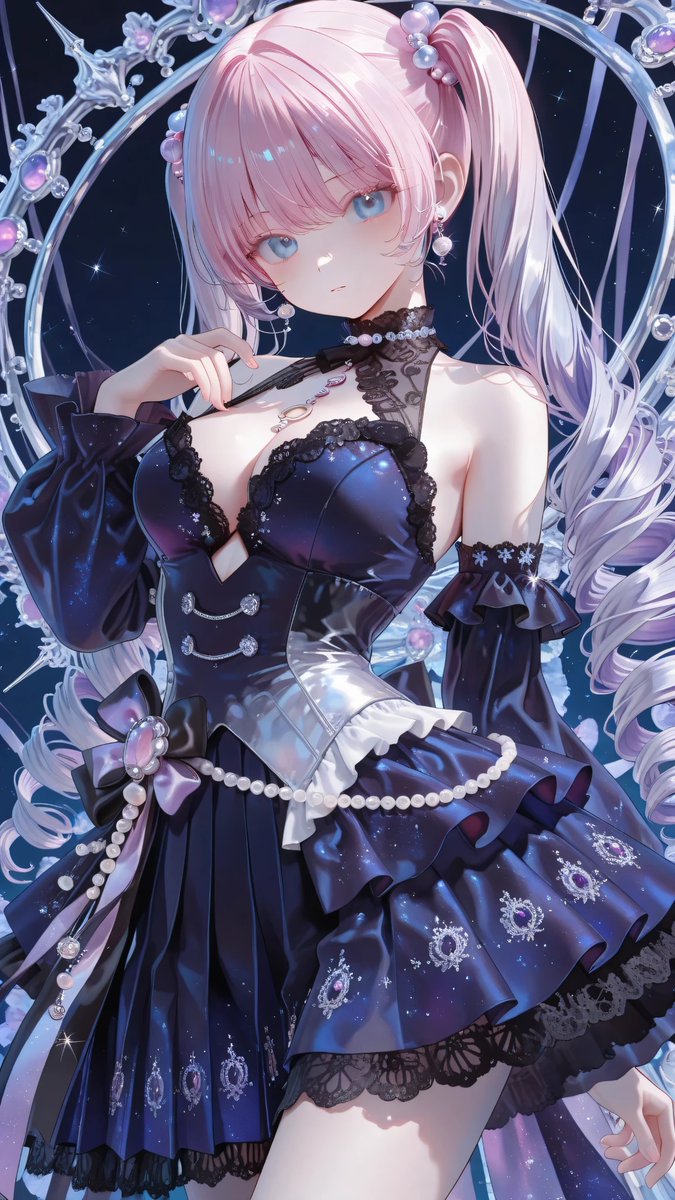 AliceLavli's tweet photo. ネイビー系のジュエルゴシックロリータの衣装プロンプトをどうぞ✨
faithfully recreating only the outfit from the reference image, outfit focus, elegant asymmetrical stage dress in deep midnight navy blue with lavender accents, sleeveless high halter neckline with a fitted neck band, a large dark navy ribbon bow attached at the right side of the neck, a small jewel ornament and dangling charm at the neckline, open keyhole chest detail beneath the halter, fitted bodice with a glossy dark navy satin-like center bust panel, soft sweetheart bust line, delicate black lace applique and pearl beaded decoration across the bust, narrow vertical pleated panel running down one side of the upper bodice in matching deep navy, the opposite bodice side decorated with sparkling rhinestone-like floral embroidery, cinched waist with a wide ornate waistband in cool silver-blue and pale lavender floral embroidery with jeweled flower centers, dramatic oversized lavender-mauve glitter ribbon ornament at the right waist with a flower centerpiece, gem at the center, layered folded ruffle tails cascading vertically from the waist bow, asymmetrical high-low skirt construction, multiple tiered flounced layers in deep navy, black, pale lavender, and icy blue-lavender gradient fabric, layered underskirt panels trimmed with white lace scallop edging, black lace layer visible in the lower tiers, uneven handkerchief-like hemline dropping longer on one side, skirt edges finished with fine silver geometric trim, scattered pearl-like bead embellishments across the skirt, rich decorative idol-costume silhouette, luxurious feminine design, color palette fixed to deep midnight navy, black, silver-blue, pale lavender, icy blue-lavender, and soft lilac-mauve, shape and ornament placement fixed, refined ornate fantasy stage fashion style