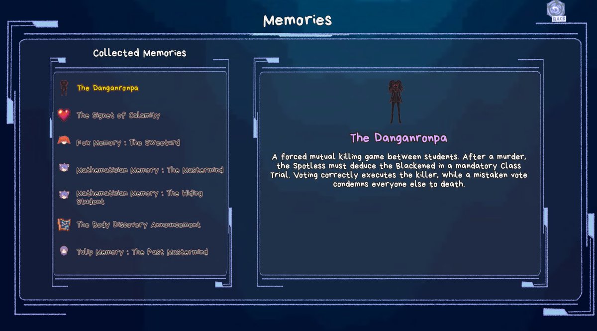 TherappyHavoc's tweet photo. Sorry for long vacuum, I was having struggles for several weeks before I finally recovered, thus continuing the project. As today, I finally develop the Memories (Equivalent to Truth Bullet), Quest, and Achievements for routes on the demo.

#danganronpa #Fanganronpa #fangan https://t.co/8bJkzzPekE