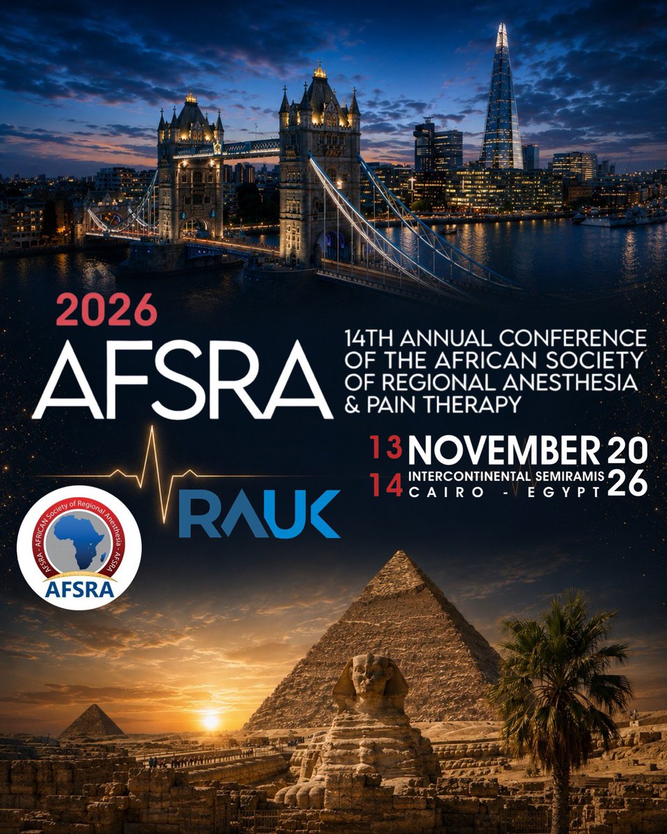 RegionalAnaesUK's tweet photo. AFSRA Cairo 2026 🇪🇬

13-14th Nov, Intercontinental Semiramis

Open to all anaesthetists - new to the specialty or seasoned experts.

@RegionalAnaesUK or @ESRA_Society members: just $150. 

Excellent value for 2 days of RA content.
Link below👇​​​​​​​​​​​​​​​​

#AFSRA26 https://t.co/G9BnS6t3Df