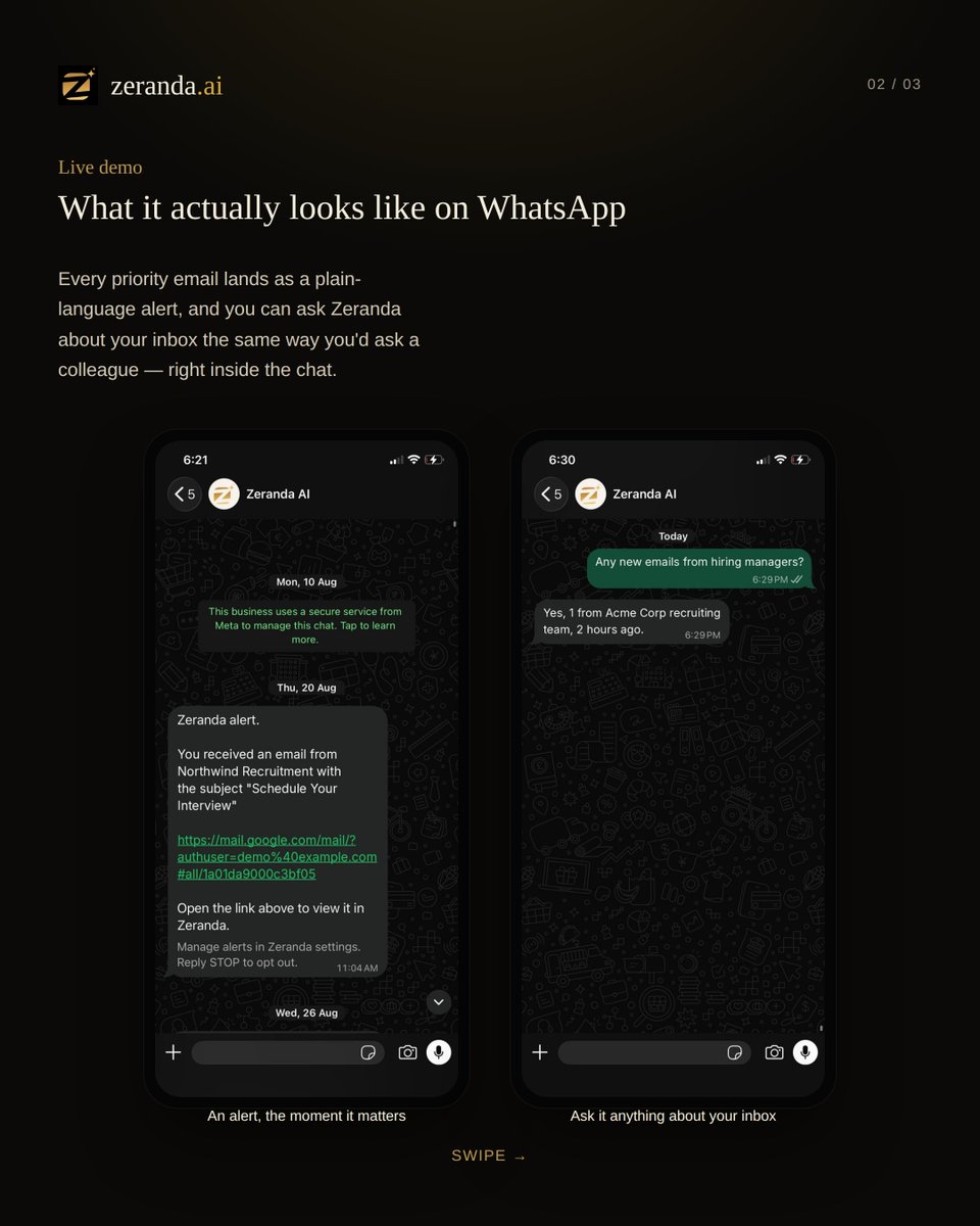 Zeranda_ai's tweet photo. You can also ask Zeranda about your inbox the same way you'd ask a colleague, right inside the WhatsApp chat.  No install. Just tell it who to watch for, and it takes it from there.  hashtag#zeranda hashtag#zeranda_for_jobseekers https://t.co/JYtlrF9WMW