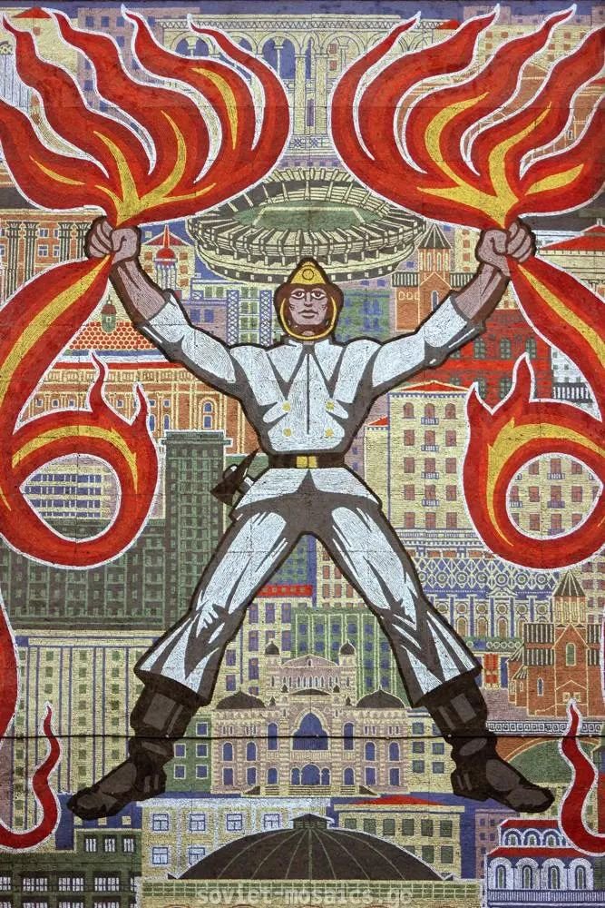 eastblocvisuals's tweet photo. "Fire in His Hands", a Soviet mosaic on the facade of the Ortachala Fire Station in Tbilisi, Georgia, completed in 1979. https://t.co/lANxAhkcxz
