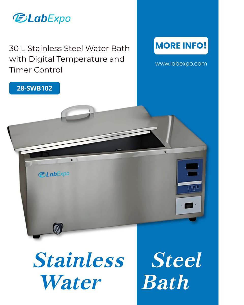 LabExpo_LLC's tweet photo. Stainless Steel Water Bath 28-SWB102
30L capacity | RT to 99°C range | ±0.5°C stability | digital display | audible/visual alarms. Steady thermal control for labs.
info@labexpo.com
Learn more: https://t.co/7BwzMWHFtL
#LabExpo #WaterBath #StainlessSteel #LabEquipment https://t.co/CnGmTSZjFe