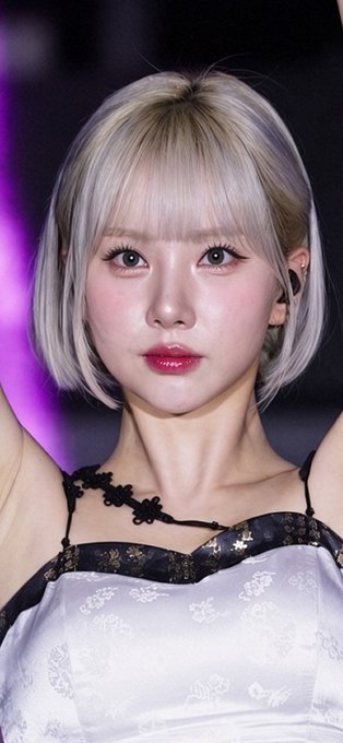 A close-up portrait of a woman with short blonde hair and bangs, wearing an elegant white and black floral-patterned dress with an in-ear monitor visible.