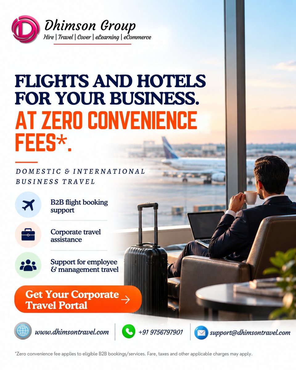 DhimsonT52064's tweet photo. ✈️ Business Travel Made Simple — At Zero Convenience Fees*
Flights • Hotels • Corporate Travel
🌐 https://t.co/Yw4dyQdsv9 | 📞 +91 9756797901
*Applicable to eligible B2B bookings/services.
#DhimsonTravel #CorporateTravel #BusinessTravel #B2BTravel #FlightBooking #HotelBooking https://t.co/TfEUwJeTph