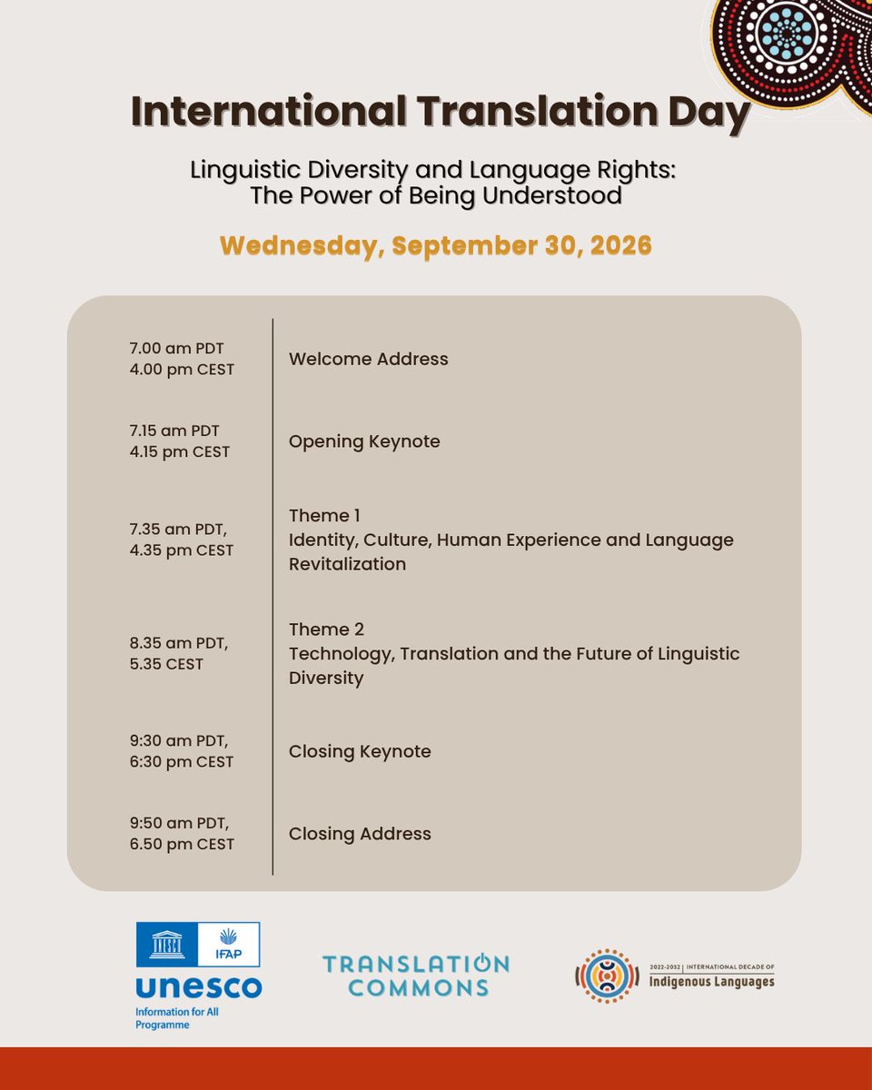 ILDecade's tweet photo. 🌍 One conversation, many voices.

On 30 September, join us &amp; @TranslationCom1 for #InternationalTranslationDay!

⏰ 14:00 UTC | 💻 Online

🔗 https://t.co/fZ6gDAKmnH https://t.co/v2afndmL5N