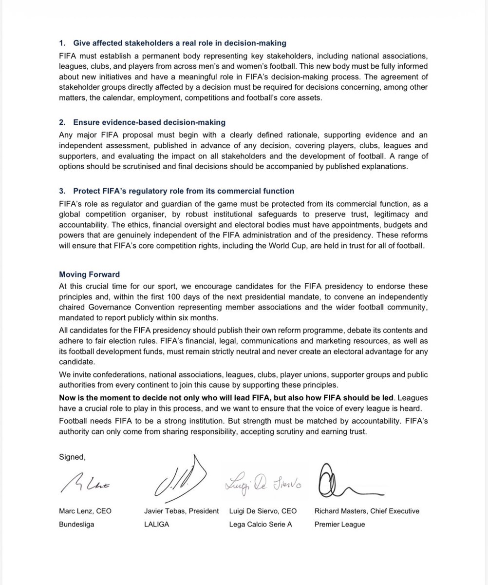henrywinter's tweet photo. “Football’s longstanding foundations have, in recent years, been threatened by a fundamental governance problem whereby FIFA’s president has actively promoted exploitative ideas rather than safeguarding
against them”. Damning joint statement about Gianni Infantino from Premier League, La Liga, Bundesliga and Serie A in collective call for FIFA reform.