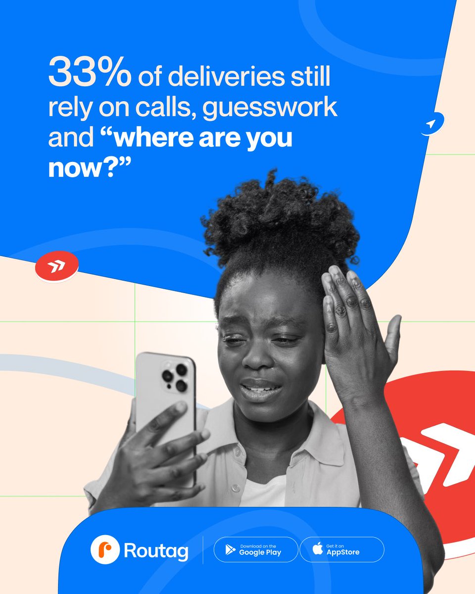 useroutag's tweet photo. 33% of deliveries in Nigeria still run on phone calls and "where are you now?" 📵

That's not a delivery system — that's a guessing game. Routag brings real-time tracking to last-mile delivery, so merchants and customers never have to wonder again.

📲 Link in bio to download https://t.co/kNsWFNoAh8