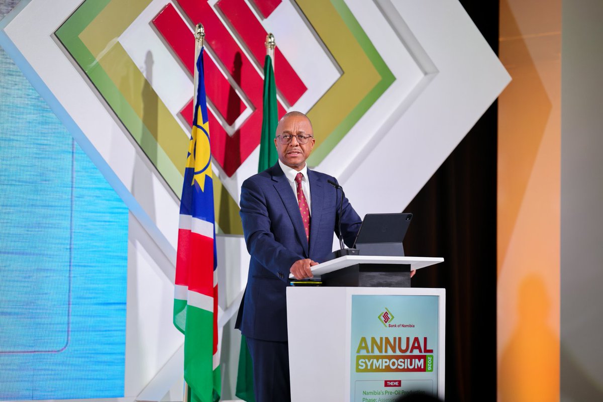BankofNamibia's tweet photo. The Bank of Namibia yesterday hosted its 2026 Annual Symposium under the theme “Namibia’s Pre-Oil Production Phase: Assessing Choices That Unlock Long-Term Economic Value.” where it brought together policymakers, regulators, industry, academia and local and international experts together for a conversation on the choices Namibia must make before potential production begins.

Governor Mr Ebson Uanguta emphasised that the pre-production window presents an important opportunity to deliberately build the foundations for long-term value. He highlighted three priorities: strengthening domestic skills, expertise and entrepreneurship; building strong institutions and an effective regulatory framework; and creating meaningful linkages between the petroleum sector and the wider economy so that Namibian enterprises can progressively participate and compete.

The Symposium also examined the scale of the opportunity already emerging. Oil and gas attracted approximately N$74.4 billion in foreign direct investment between 2021 and 2025, representing about 56% of total FDI inflows, while exploration activities accounted for an average of about 30% of Gross Fixed Capital Formation between 2022 and 2025. Discussions nevertheless underscored that long-term value will depend on fit-for-purpose legislation, institutional capacity, disciplined revenue management, local participation, specialised skills, environmental safeguards and effective coordination.

#AnnualSymposium2026