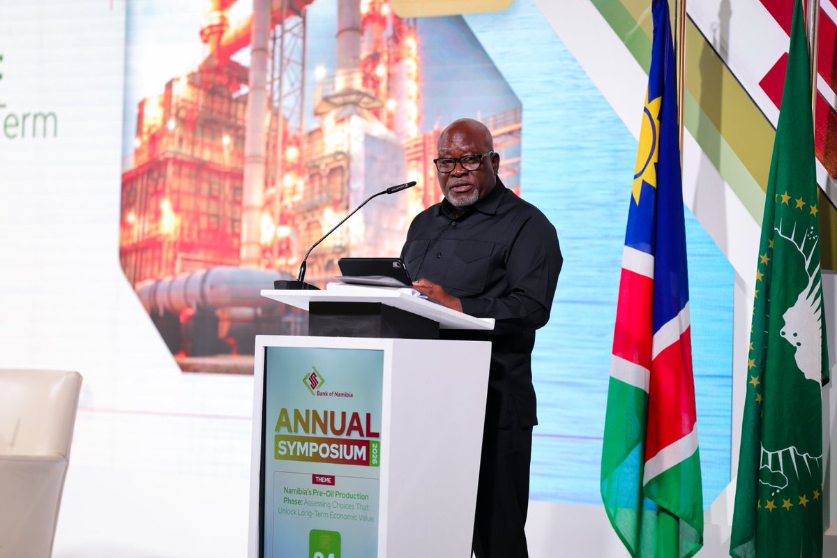 BankofNamibia's tweet photo. The Bank of Namibia yesterday hosted its 2026 Annual Symposium under the theme “Namibia’s Pre-Oil Production Phase: Assessing Choices That Unlock Long-Term Economic Value.” where it brought together policymakers, regulators, industry, academia and local and international experts together for a conversation on the choices Namibia must make before potential production begins.

Governor Mr Ebson Uanguta emphasised that the pre-production window presents an important opportunity to deliberately build the foundations for long-term value. He highlighted three priorities: strengthening domestic skills, expertise and entrepreneurship; building strong institutions and an effective regulatory framework; and creating meaningful linkages between the petroleum sector and the wider economy so that Namibian enterprises can progressively participate and compete.

The Symposium also examined the scale of the opportunity already emerging. Oil and gas attracted approximately N$74.4 billion in foreign direct investment between 2021 and 2025, representing about 56% of total FDI inflows, while exploration activities accounted for an average of about 30% of Gross Fixed Capital Formation between 2022 and 2025. Discussions nevertheless underscored that long-term value will depend on fit-for-purpose legislation, institutional capacity, disciplined revenue management, local participation, specialised skills, environmental safeguards and effective coordination.

#AnnualSymposium2026