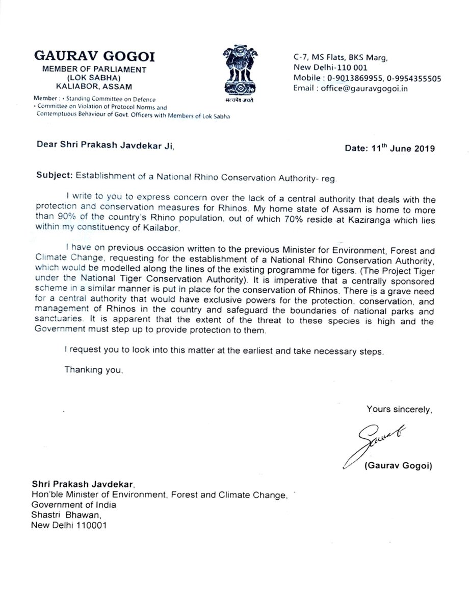 GauravGogoiAsm's tweet photo. PM Modi’s initiation of Project Rhino is a welcome step. But it is a step I first called for a decade ago.

I pressed for Project Rhino in Parliament in 2016, including a dedicated fund for conservation as well as the construction of rhino corridors.

In 2017, I introduced a Private Member’s Bill proposing a National Rhino Conservation Authority, with provisions to lay down guidelines for Project Rhino.

This was followed by letters to the Ministry of Environment, Forest & Climate Change in 2017, and again in 2019. The government rejected the demand, stating that rhinos were already covered under Project Tiger.

And now, in 2026, the government has finally initiated Project Rhino. After rejecting this demand for years, the government has now changed its position and adopted the very position I had consistently advocated. The record reflects a failure of foresight and timely action on a demand that was first raised a decade ago.  

One-horned rhinos are a source of pride for Assam and India. I hope this initiative receives adequate and sustained funding, scientific conservation measures, and effective protection of critical wildlife corridors.