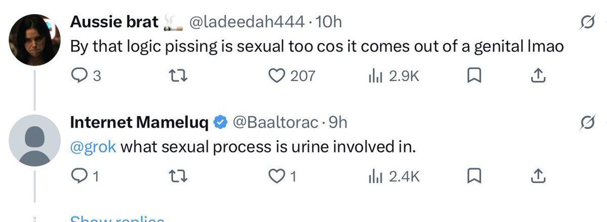 dead_rxse's tweet photo. @Baaltorac @notstraightgu7 @BellaBaddie__ piss comes out of genitals, QUICK GROK WHAT SEXUAL PROCESS ARE GENITALS INVOLVED IN? IM TOO LAZY TO TYPE IT MYSELF! https://t.co/TwYxIw1wtB