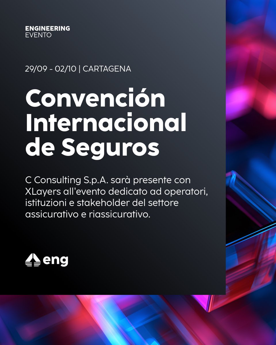 EngineeringSpa's tweet photo. Dal 29/09 al 2/10 si terrà a Cartagena la Convención Internacional de Seguros, organizzata da @FasecoldaOficia.

C Consulting S.p.A. - Eng Group - illustrerà i vantaggi di XLayers, la nostra piattaforma software per la gestione della riassicurazione.

https://t.co/OCNCTbtTHm https://t.co/GzYzL7uNbA