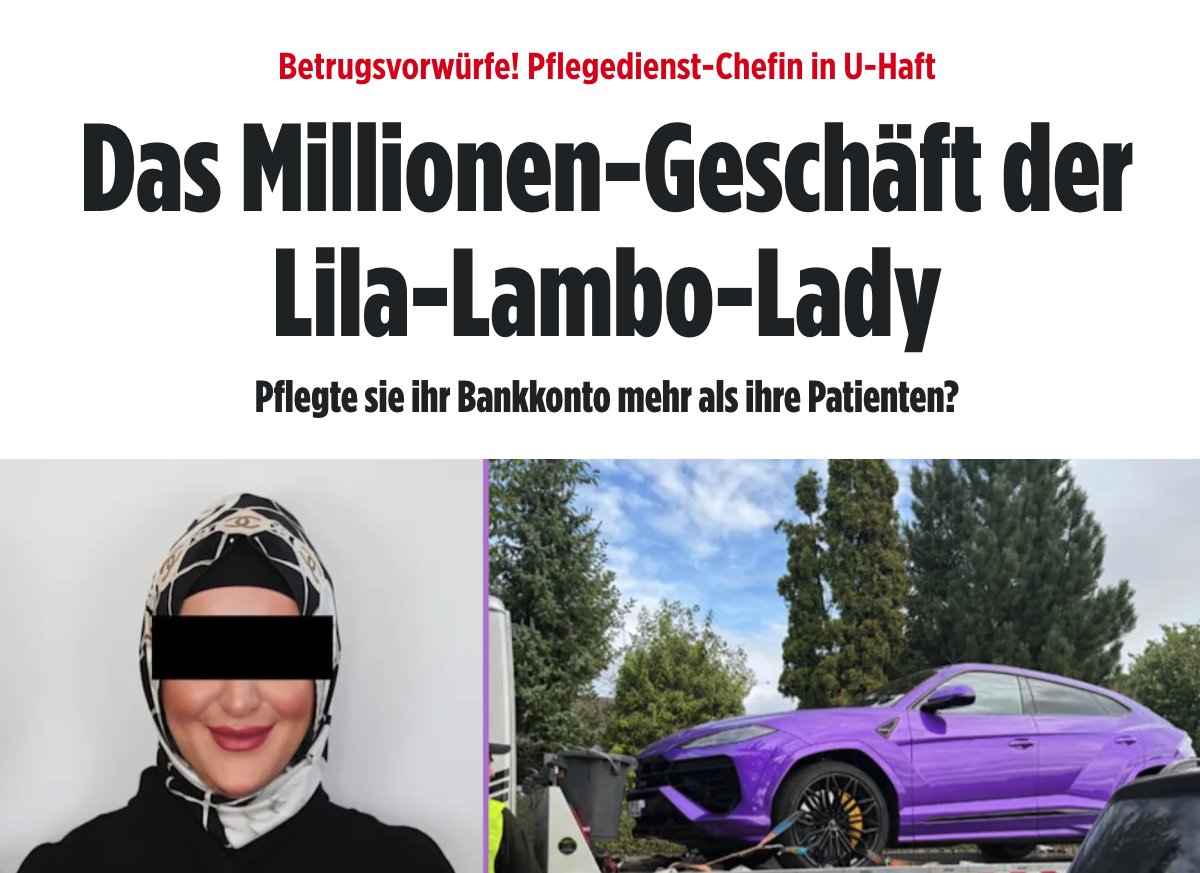 unblogd's tweet photo. Die Story ist so KRANK: 

Die 39-jährige Türkin Zeynep C. sitzt mit ihrem Ehemann in U-Haft. Sie soll einen Pflegedienst geleitet und damit Leistungen für ambulante Intensivpflege abgerechnet haben, die nicht oder nur teilweise erbracht worden seien. Insgesamt gibt es 13 Beschuldigte – laut Polizei türkisch, marokkanisch, ägyptisch und deutsch, teils doppelte Staatsangehörigkeit.

Der Schaden beläuft sich auf irre ELF MILLIONEN EURO.

Für ihren Pflegedienst sollen auch – wenig verwunderlich – unqualifizierte Menschen gearbeitet haben.

Bei Razzien Mitte September wurde in einer Düsseldorfer Wohnung ein pflegebedürftiges Kind in einem derart schlechten Zustand vorgefunden, dass es direkt per Rettungsdienst zur stationären Behandlung in ein Krankenhaus gebracht wurde.

Zusätzlich fand man bei den Razzien mehrere Luxuswagen von Lamborghini, Maybach und Mercedes-AMG, 51.000 Euro in Bar, Gold im Wert von 10.000 Euro, Schmuck für nochmal circa 265.000 Euro und bei Zeynep C. und ihrem Mann eine scharfe Schusswaffe samt Munition sowie Marihuana und Anabolika.

Auf dem Rücken pflegebedürftiger Menschen soll hier also gnadenlos abkassiert worden sein, ohne die Leistungen oder nur Teile davon zu erbringen – und das mit (teils) unqualifiziertem Personal. Auch das ist Migration – und zwar der Teil, den Linke gerne als Allheilmittel verkaufen.

Es tun sich Parallelen zu den Recherchen von @nickshirleyy in den USA auf. Daher bleiben zwei Fragen: Wie konnte das so lange so laufen, dass man sich anscheinend so bereichern konnte und wie viel Betrug in die Richtung gibt es noch?

Und eins noch: Das ist diesmal keine Story, für die man die LINKE verantwortlich machen kann, sondern das ist im CDU-regierten NRW passiert.