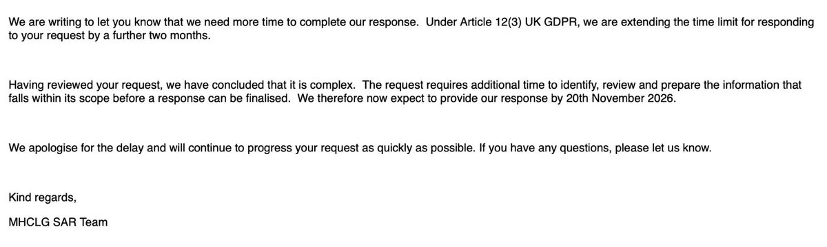 NJ_Timothy's tweet photo. Labour's “Islamophobia" definition was almost certainly influenced by extremists.

Now Angela Rayner's department says it has deleted all the records.

But I submitted evidence. And if they deleted all the records my Subject Access Request should get a negative reply.

They have to answer honestly - it's a legal requirement under the Data Protection Act 2018.

But the Government says it needs more time because my case is "complex”.

It is also refusing to reply to FOIs on the subject that should have received a response weeks ago. 

This is a cover-up. And I think we know what they're trying to hide.