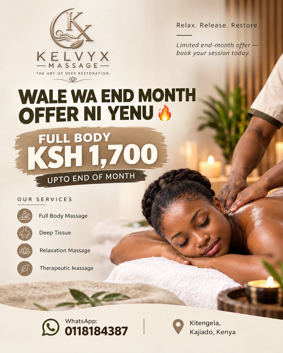 KQ_PRINCE4115's tweet photo. 🔥 END MONTH OFFER!
💆 Full Body — KSH 1,700
⏳ Up to end of month!
📲 0118184387 | Kitengela
KELVYX MASSAGE — The Art of Deep Restoration. https://t.co/ksT6cS04ro
#offer #endmonth #treatyourbody https://t.co/3X8fCQ5Qud