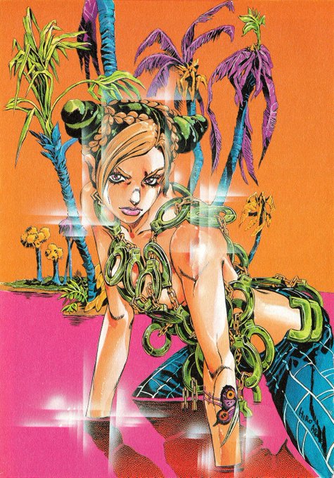 A vibrant, colorful anime-style illustration of a blonde female character with green braided buns and snake-like accessories, set against an orange background with stylized palm trees.