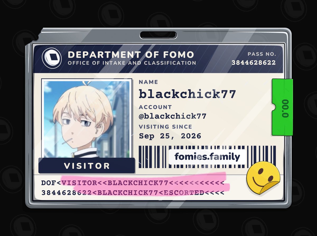 blackchick77's tweet photo. visiting the department of fomo. no case yet. must be escorted at all times. @FomiesNFT #Fomies https://t.co/n8K8pnEAS3