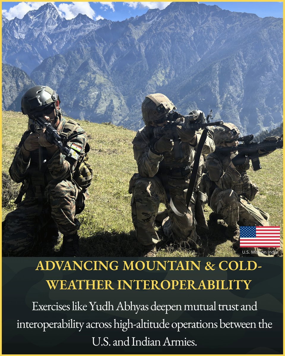 USAndMumbai's tweet photo. High altitude. Tough terrain. Shared readiness.

At Yudh Abhyas 2026, U.S. and Indian Army soldiers are strengthening mountain and cold-weather capabilities, through hands-on training in demanding environments. Each evolution builds familiarity, deepens trust, and improves interoperability between our forces.