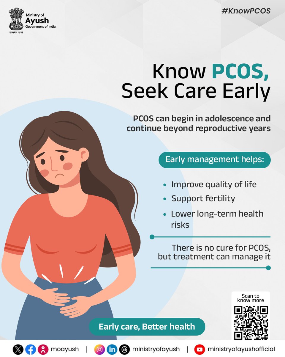 moayush's tweet photo. PCOS can begin as early as adolescence and continue to affect women beyond their reproductive years. Seeking health care early can help manage symptoms, support fertility and protect long-term health.

#AyushForHer #PCOS #PCOSAwareness #WomensHealth #EarlyCare #HealthAndWellbeing
@PMOIndia |@narendramodi | @mpprataprao | @secymoayush |@PIBIndia |@PIBAYUSH|@DDNewslive |@sansad_tv |@AIRNewsHindi I @mygovindia |