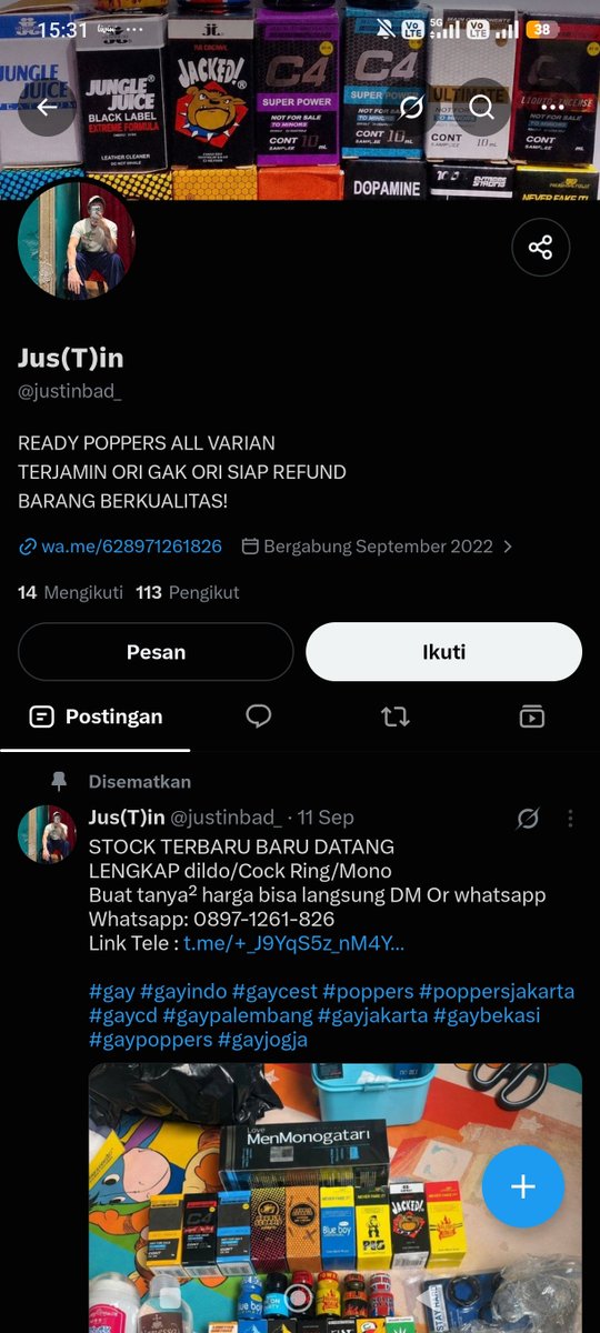 Slemmyola's tweet photo. https://t.co/cbwF2anlbC
NIH PENIPU, YANG SEKOSAN SAMA DIA (KOST SAMBAS IJO) NITIP TONJOK 2X
nih nomornya https://t.co/XBCt5T2tQm
#poppers #poppetsmurah #poppersjakarta #poppersbandung #poppersbali #gayjakarta #gayjaksel #gayjaktim #gayjakut #gayjakbar #gayjakpus https://t.co/MvaeC38ZUb