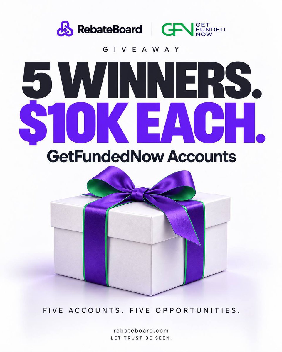 rebateboard's tweet photo. 🚨 GIVEAWAY ALERT 

We have teamed up with GFN to giveaway X5 $10k Accounts  🆓  

To Participate 👇

🤝Follow @rebateboard , @getfundednowfx & @iamdralgo 
⌨️ Signup https://t.co/JUT0LhHWZV
🦾 join discord https://t.co/K5LjzLzJzU
🚡 Follow us on IG https://t.co/u10u9lA8O7
🏷️ Tag 3 Traders  
📡 Like & Repost

Drop proof and tell us what you love about Get Funded Now 

Winners announce in 48hrs
