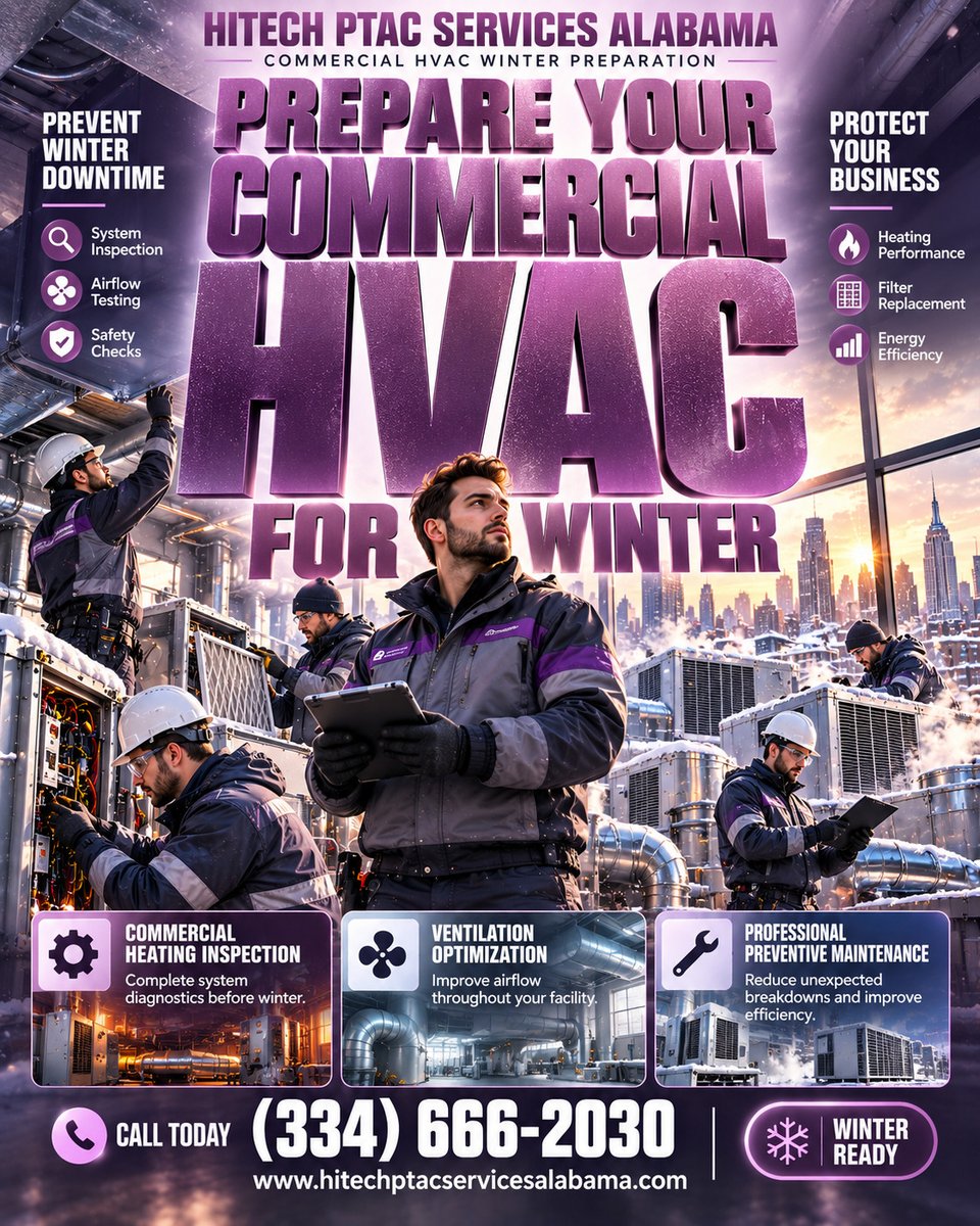 alabamahitech's tweet photo. As temperatures fall, reliable heating becomes essential for commercial properties. Make sure your HVAC and PTAC systems are ready before winter arrives.
🔥 Stay comfortable. Stay prepared. Stay ahead of unexpected heating problems with HITECH PTAC Services Alabama. https://t.co/9b5oBvvjJF