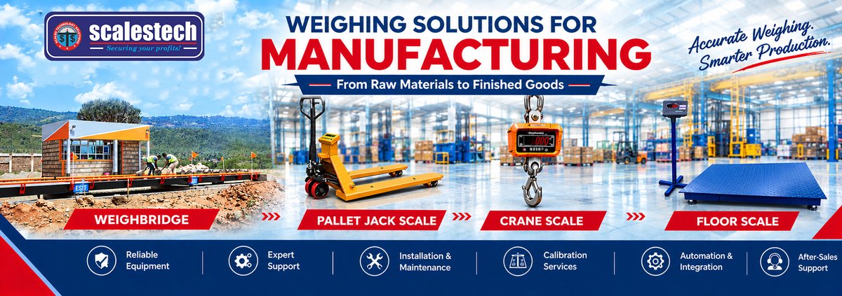 ScalestechLtd's tweet photo. In manufacturing, accurate weighing plays a critical role from raw material receiving and batching to production, quality control, packaging and dispatch.
We provide weighing solutions designed for the manufacturing demands
Along Bunyala Road, Nairobi
 Call/Whatsapp+254743233223 https://t.co/WfgEsX34p8