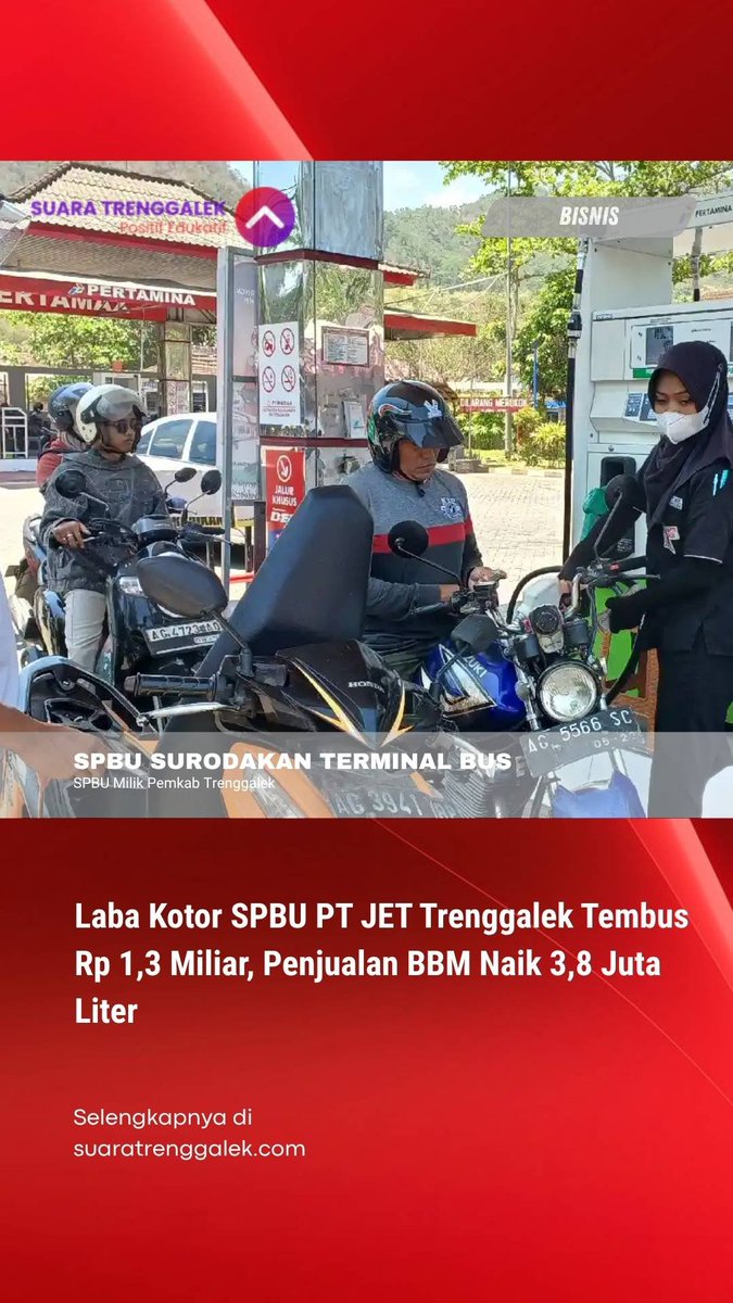 SuaraTrenggalek's tweet photo. PT Jwalita Energi Trenggalek (JET) mencatat kenaikan penjualan Bahan Bakar Minyak (BBM) di SPBU plat merah tersebut sepanjang Semester I 2026.
Volume penjualan mencapai sekitar 3,8 juta liter dalam enam bulan pertama tahun ini
#Trenggalek #trenggalek24jam #spbu #bbm #Pertalite https://t.co/Z98og7rrWS