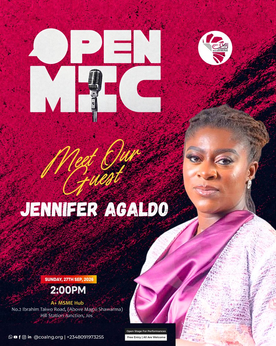 COALNG's tweet photo. Jennifer Agaldo joins us at COAL Open Mic this Sunday
Lawyer, Chief of Staff at TASCK & board member at International Mission Opportunities, Nigeria, Jennifer brings a story of creativity, strategy and impact.
Sign Up: https://t.co/6IBnK7fv1M
#coalng #OpenMic #Jos #Creatives https://t.co/ZIgMJk1EgI