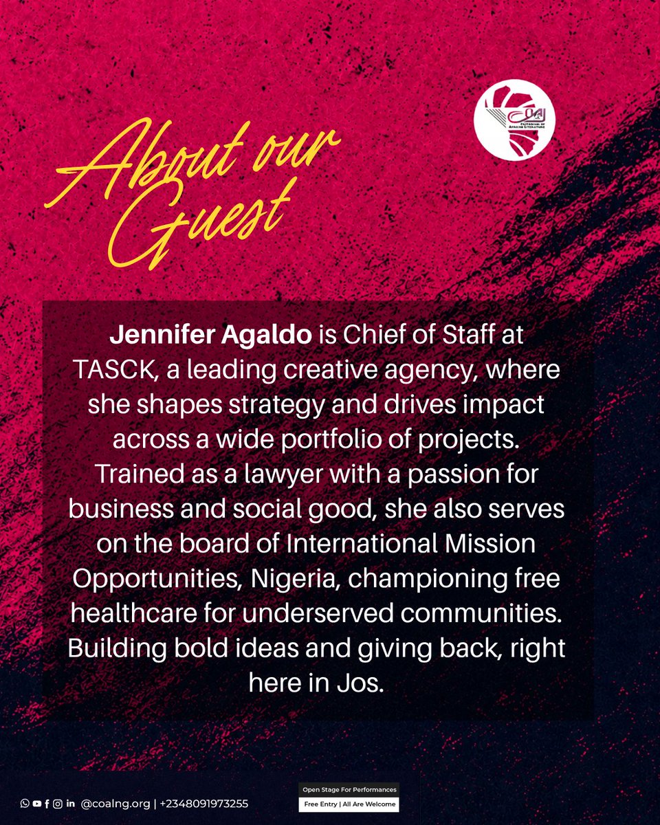 COALNG's tweet photo. Jennifer Agaldo joins us at COAL Open Mic this Sunday
Lawyer, Chief of Staff at TASCK & board member at International Mission Opportunities, Nigeria, Jennifer brings a story of creativity, strategy and impact.
Sign Up: https://t.co/6IBnK7fv1M
#coalng #OpenMic #Jos #Creatives https://t.co/ZIgMJk1EgI