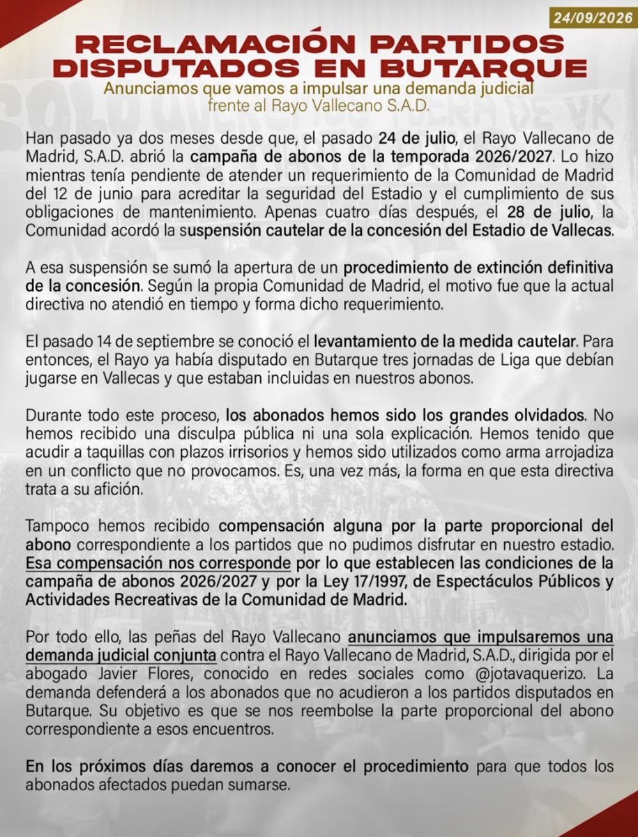 JotaVaquerizo's tweet photo. Pagaste tu abono para ver al Rayo en Vallecas. Te llevaron a Butarque. Tres jornadas de Liga lejos de casa, sin una disculpa, sin una explicación y sin un euro de vuelta. Así trata esta directiva a su afición. Y así es como se lo vamos a reclamar desde la @plataformaADRV https://t.co/4SuYJ0MLGo