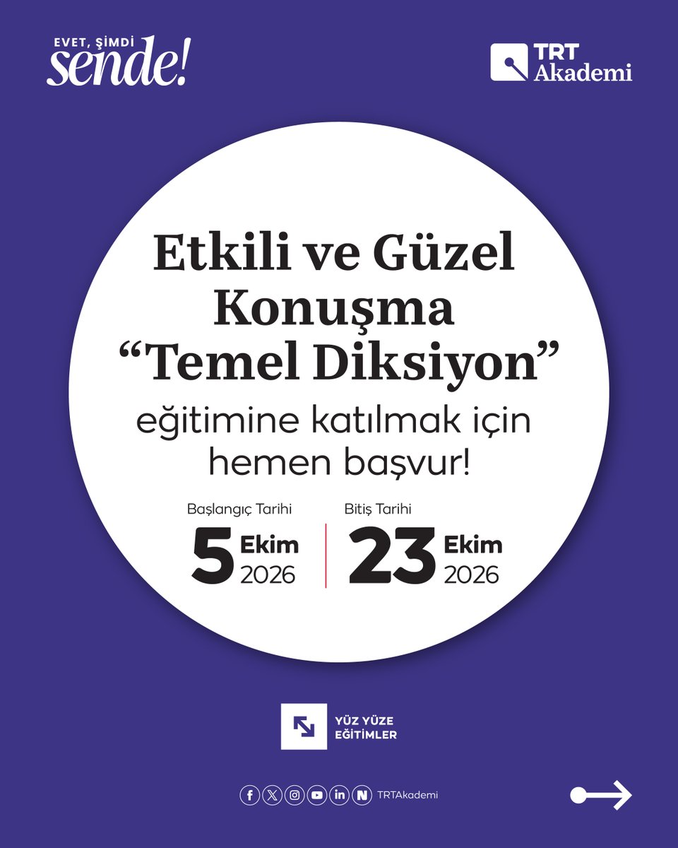 trtakademi's tweet photo. Sesinle fark yaratma sırası şimdi sende! 🎙️

5 Ekim'de Etkili ve Güzel Konuşma “Temel Diksiyon” eğitiminde buluşuyoruz! 🚀

Geleceğini TRT tecrübesiyle şekillendirmek ve TRT onaylı sertifika ile sektörde öne çıkmak istiyorsan, şimdi eğitime kaydol! 📲

👉 https://t.co/GkCqTIzjHu https://t.co/Txg0QxAuZk