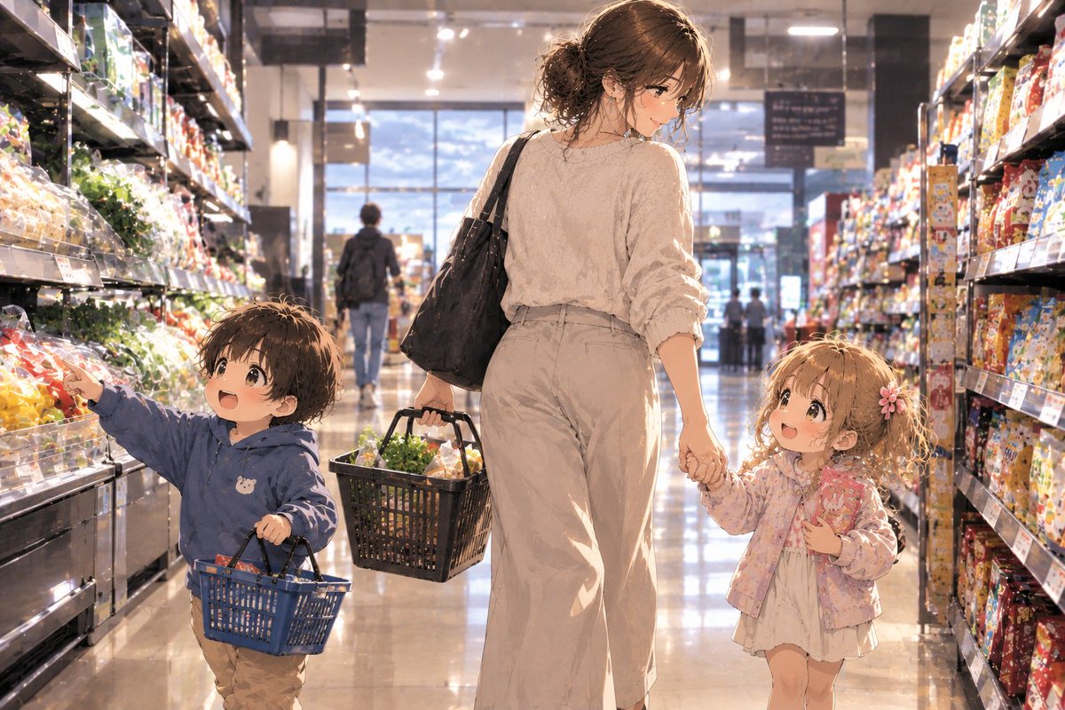 MochaPixie's tweet photo. 子供達とお買い物
もう少ししたらパパも妹も帰宅するからね
今日は何を作ろうかしら

#AI日常 https://t.co/l4fATaVH6y