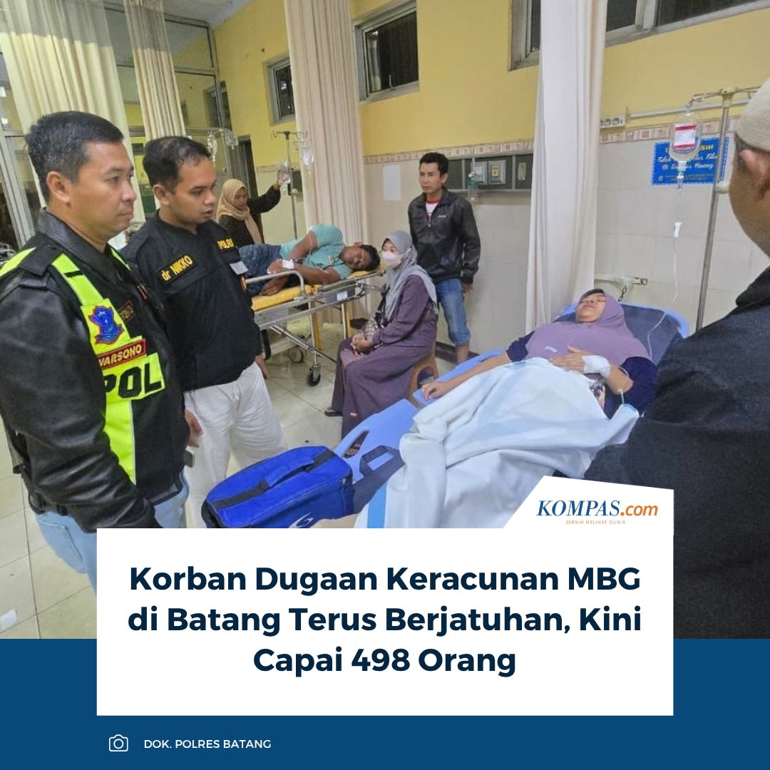 kompascom's tweet photo. Baca selengkapnya: https://t.co/Ay4UzVOURm

Hingga Jumat pagi, korban dugaan keracunan MBG di Batang mencapai 498 orang. Wakil Bupati sekaligus Ketua Satgas MBG Batang Suyono menyebut kondisi korban mulai membaik.

~RK #KeracunanMBG #Batang https://t.co/QLUmuUhsOO
