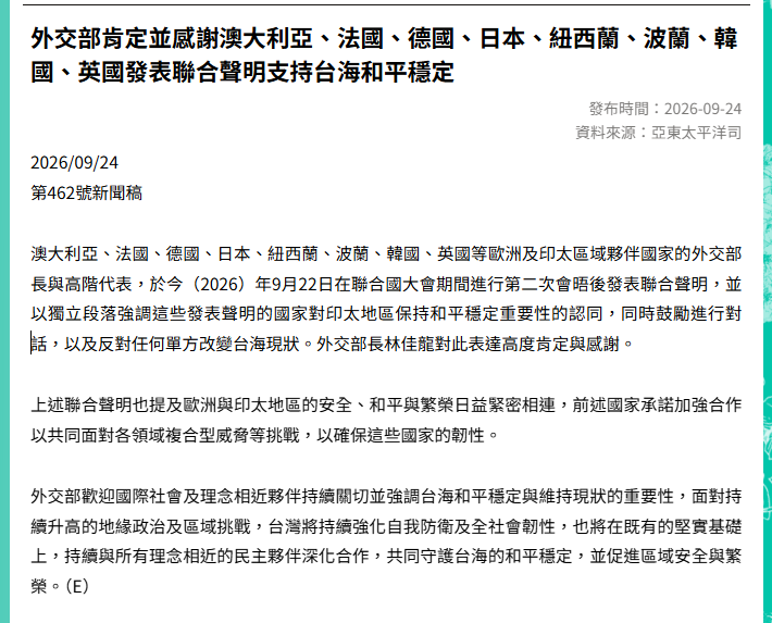 Taiwan_in_Japan's tweet photo. 【8カ国共同声明】
オーストラリア、フランス、ドイツ、日本、ニュージーランド、ポーランド、韓国、英国は22日、インド太平洋の平和と安定の重要性を強調するとともに、台湾海峡の現状を一方的に変更することに反対する共同声明を発表しました

これについて、台湾外交部が歓迎と感謝を表明しました https://t.co/eWHujeX3Uo
