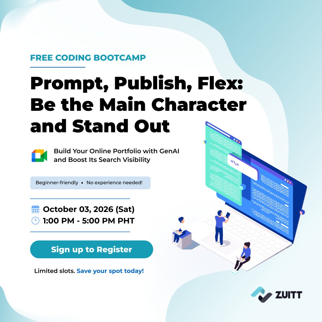 zuittco's tweet photo. No cap, building your first website hits different. 📷📷
Go from code zero to dropping your very first project in our Free Coding Bootcamp! 

- October 03, 2026, Sat (1PM – 5PM)
- 100% online, live instructions, zero tech experience needed https://t.co/0XWZqt5WCD