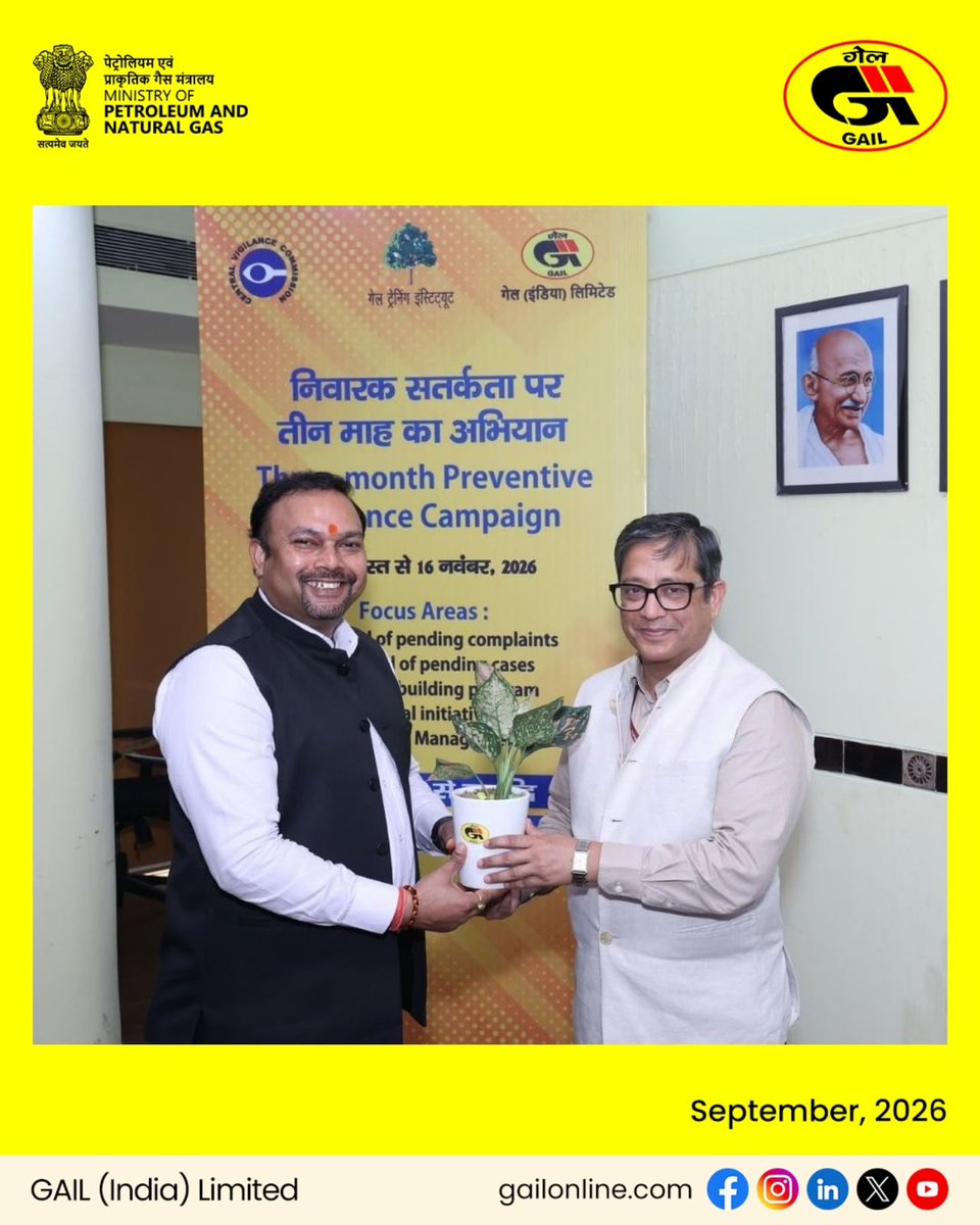 gailindia's tweet photo. In pursuance of the directives of the Central Vigilance Commission (CVC) for the observance of Preventive Vigilance Campaign 2026, being conducted from 16 August to 15 November 2026 under the theme “सत्यनिष्ठा से समृद्धि / Probity for Prosperity,” a Vigilance Awareness Session was organized at GAIL Training Institute (GTI), Noida on 22 September 2026. The session was addressed by Shri Nitin Kumar, Joint Secretary, CVC, and witnessed enthusiastic participation from GAIL Officers through both physical and virtual modes. The programme aimed at reinforcing the principles of preventive vigilance and strengthening vigilance mechanisms across the organization.

At the outset, Shri Rajnesh Singh, Chief Vigilance Officer (CVO), GAIL, highlighted the significance of the campaign theme in the present business environment. He underscored the pivotal role of Preventive Vigilance in promoting transparency, accountability, integrity, and ethical conduct across all organizational processes.

During his insightful address and presentation on Preventive Vigilance, Shri Nitin Kumar elaborated on the genesis, mandate, and evolving role of the Central Vigilance Commission in promoting integrity within public sector organizations. He emphasized the transformative role of Information Technology and digital governance tools in combating corruption, minimizing discretionary decision-making, enhancing transparency, and addressing potential conflicts of interest in vulnerable operational areas. He highlighted how technology-driven processes, automation, and system-based controls serve as effective enablers for strengthening organizational integrity and reducing opportunities for malpractices.

Shri Nitin Kumar further emphasized the necessity of identifying and addressing systemic deficiencies through continuous analysis of complaints, audit observations, surprise inspections, and system-generated red flags. He highlighted that effective preventive vigilance requires organizations to focus not only on detecting irregularities but also on rectifying process vulnerabilities and strengthening internal controls to prevent recurrence of such issues.

A key highlight of the programme was the inauguration and screening of three in-house Vigilance Case Study Videos developed by the Corporate Vigilance Department, GAIL. Based on practical business scenarios, these videos are designed to enhance awareness and facilitate better understanding of preventive vigilance concepts and their application in day-to-day decision-making.

The session also featured a presentation by Shri Rajiv Arora, General Manager (BIS), on “Digital Initiatives in GAIL” He showcased various digital interventions, technology-enabled systems, and innovative practices implemented within GAIL to enhance transparency, improve process efficiency, strengthen monitoring mechanisms, and promote ethical governance. The presentation demonstrated how digital transformation initiatives can serve as powerful tools in advancing the objectives of preventive vigilance and organizational excellence.
The session was concluded with Vote of thanks by Shri S D Sharma, CGM (Vigilance).

@HardeepSPuri @TheSureshGopi @neerajmittalias @Secretary_MoPNG @PetroleumMin @CMD_GAIL 

#GAILIndia #VigilanceAwareness #WahKyaEnergyHai #EnergizingPossibilities