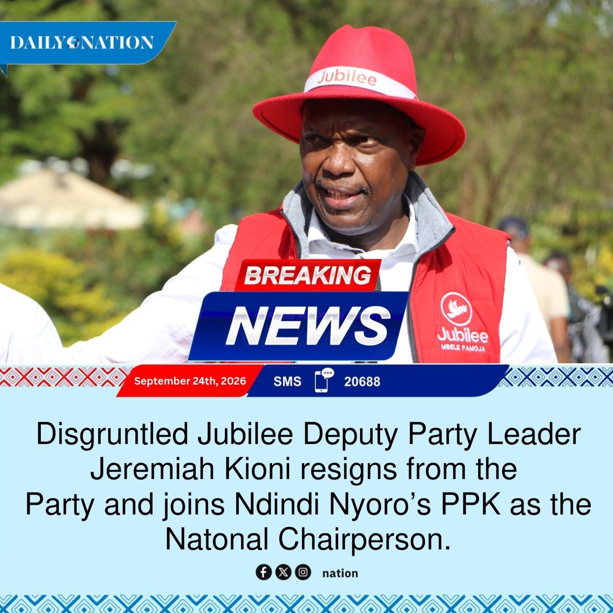 Sarocha_chan's tweet photo. Jeremiah Kioni resigns as Jubilee Deputy Party Leader and joins Ndindi Nyoro's PPK as the new National Chairperson
#DCPMassExodus
Wamunyoro Elnino
Sharp Boy Ndindi
PPK The NewHome https://t.co/ShyurjC1ZO