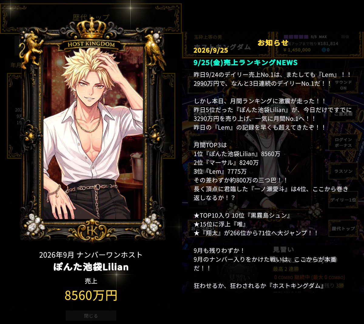 hostkingdom_sub's tweet photo. -
【👑9/25(金)売上ランキングNEWS👑】

本日ランキングに激震が走りました！！

　新王者『ぽんた池袋Lilian』爆誕👑

-
👑スマホゲーム『ホストキングダム』
　　　ホストの皆さま募集中！！
▶️App Store (iPhone,iPad)
https://t.co/kqtHK3TBhv
▶️Google Play (Android)
https://t.co/yS3cjhLbIm

今日はホストコール観ながら
ホストキングダムやろう🔥
-
