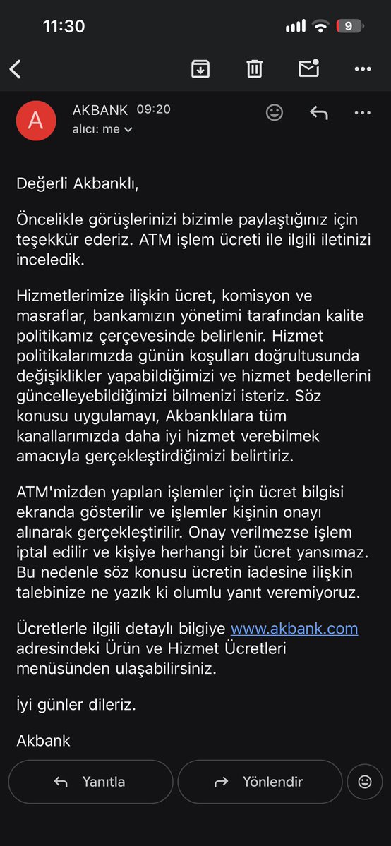 umudovic9's tweet photo. @AkbankDestek Şikayetimi okumadan hazır kalıp cevap yollamışsınız. Kredi kartı aidat iadesi istedim, bana "ATM işlem ücretini iade edemeyiz" yanıtı veriyorsunuz. ATM ile ne alakası var? Talebimi doğru düzgün inceleyip kart aidatımın iadesini gerçekleştirin lütfen. https://t.co/XhXV9xW1oA