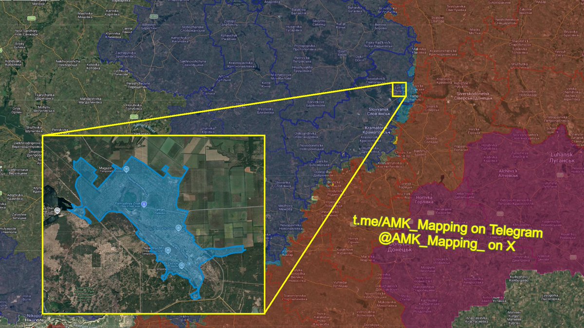 AMK_Mapping_'s tweet photo. Ukrainian forces have officially re-established control over the city of Lyman, Lyman direction, Donetsk Oblast (Kramatorsk District).

Pre-war population: ~20,066.
Total land area: ~22.9 km².

The third battle for Lyman lasted approximately 10 months. 

The city was more than 50% contested at one point, which is why I have made this post about it.